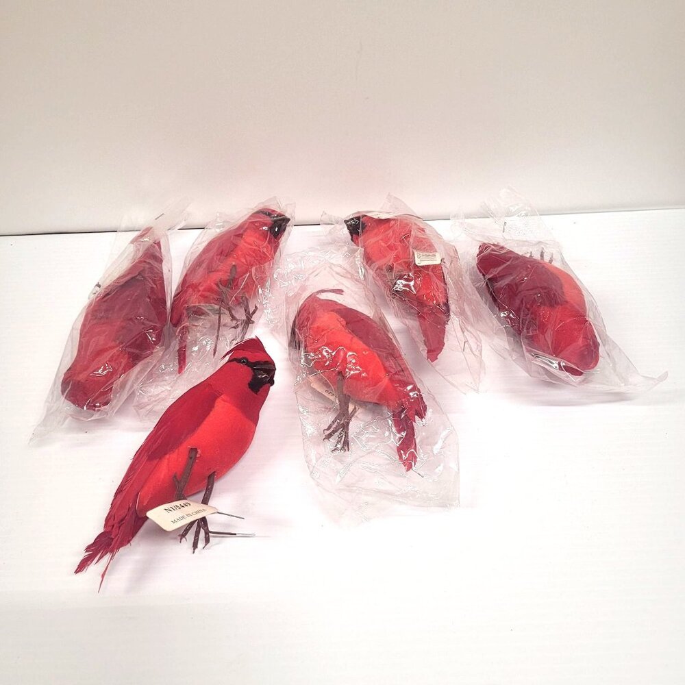 Cardinal Red Birds Lot 6 Ornaments Craft New Christmas Tree Decorations Feathers